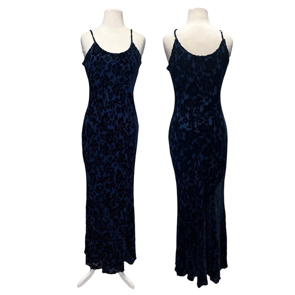 Vintage Y2K Whimsigoth Navy Blue Velvet Burnout Maxi Gown‎ Goth Prom Dress 90s